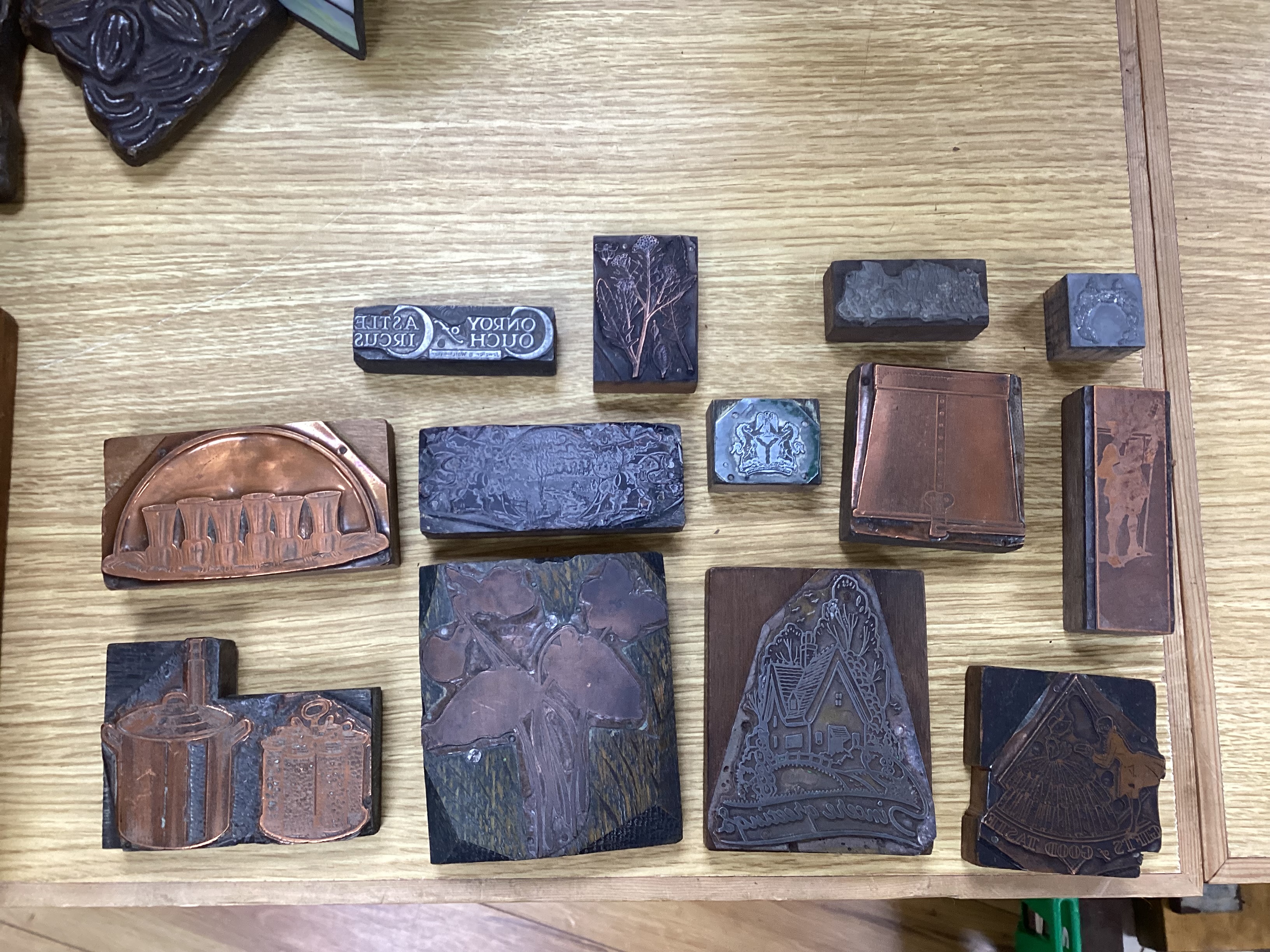 A collection of decorative metal printing blocks, mainly 20th century examples